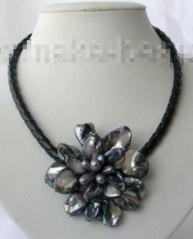 Doprava zadarmo >>>>>> > classic black barokový sladkovodné perly shell kvet kožený náhrdelník