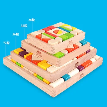 Doprava zadarmo, Deti 28/32/56pcs Buk farebných blokov, tvar kognitívne Stavebné bloky skoro drevené hračky pre deti