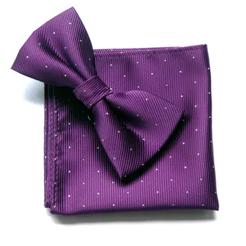 Doprava zadarmo Vysoko Kvalitné pánske Purple Formálne Bowtie Hanky Nastaviť Gentleman Cravat Vrecku Námestie Vreckovku S Bodkami