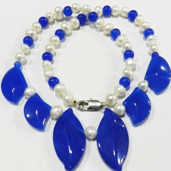Doprava zadarmo White Pearl Listy-tvarované Modrá chalcedony Reťazca jades Náhrdelník Pre Ženy Vysoký Stupeň Reťazca Šperky 18-palcové MY5168