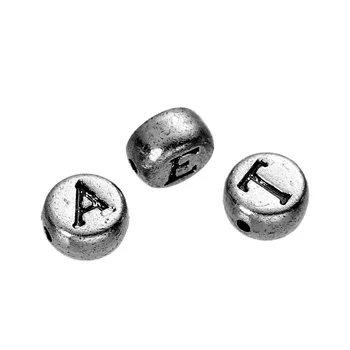 Doreen Box Hot 400 Ks Antique Silver Kola ruskej Abecedy /List Akryl Dištančné Korálky Zmiešané Náhodne 7mm