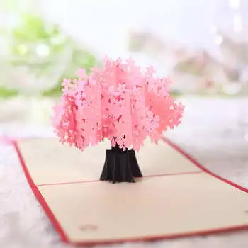 DoreenBeads 3D Karty Sakura Cherry Blossom Pop-Up Karty Valentína, Výročie Svadby Karty Darček Požehnanie Karta 15*15 cm 1PC