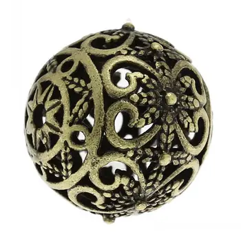 DoreenBeads Medi Dištančné Korálky Kolo Antické Bronzové Kvetinový Vzor, Duté Európskej Kúzlo O 17 mm x 16 mm,Otvor:Cca:2 mm,5 ks