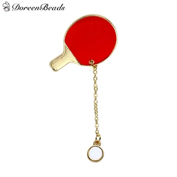 DoreenBeads Módne Brošňa Kravatu Tac Klopě Pin Odznaky Stolný Tenis Pádlo Bat & Ping Pong Loptičku Pozlátené Červená Smalt 69mm(2 6/8