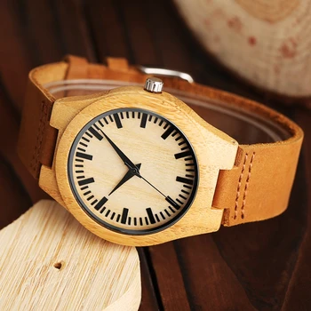 Drevené Hodinky pánske Minimalistický Analógové Náramkové hodinky Módne Bambusové Drevené Kožené Hodinky Quartz Športové hodiny Hodiny Reloj de madera