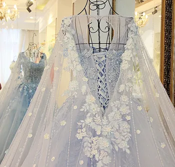 Dubaj Je Obloha Modrá Svadobné Šaty S Dlhými Plášť Krištáľové Perly Opuchnuté Guľové Šaty Svadobné Šaty, De Mariee 2018 Appliques Casamento