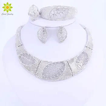 Dubaj Svadobné Móda Strieborná Farba Šperky Set Pre Ženy, Listy Dizajn Crystal Náhrdelník Set Šperkov Príslušenstvo