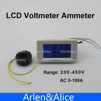 Duálny LCD displej Napätie a prúd meter modré podsvietenie panela voltmeter ammeter rozsah AC 200-450V 0-99.9 biela