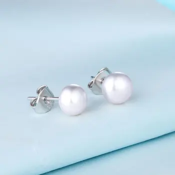 DVAKRÁT R 925 Sterling Silver Sladkovodných Kultivovaných 6-7mm Biela usadenina pearl náušnice perly stud náušnice Jemné Šperky