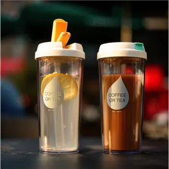 Dvojvrstvové plastová Fľaša na Vodu Odšťavovač Kávové Hrnčeky S Slamy Prenosné Priestor BPA FREE12 16 OZ