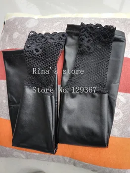 Dámske módne dlhé rukavice sexy čipka patchwork pu kožené rukavice elastické pu black dlhé rukavice vodičské rukavice 46 cm dĺžka
