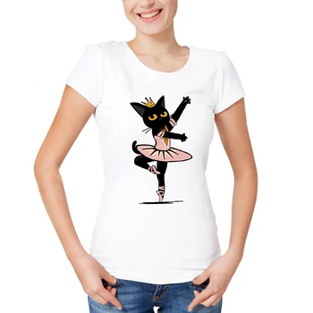 Dámske Oblečenie Značky Lete Ženy Tričko Krátky Rukáv O-krku Bežné Zábavné Black Tanec Mačka Topy Tees Ženy Dámy T-Shirt