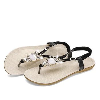 Dámske topánky 2018 horúce módne ženy sandále elastické t-popruh bohemia korálkové sova papuče ploché sandále ženy letné štýl flip flop