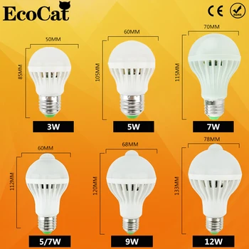 ECO Mačka LED Žiarovka Snímač Pohybu Lampa 220V E27 3W Led Svetlo 5W 7W 9W 12W Zvuk+Svetlo Auto Smart Led Infračervené Tela Lampy