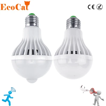 ECO Mačka LED Žiarovka Snímač Pohybu Lampa 220V E27 3W Led Svetlo 5W 7W 9W 12W Zvuk+Svetlo Auto Smart Led Infračervené Tela Lampy