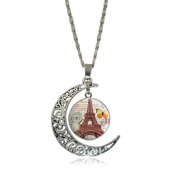 Eiffelova Veža Sklo Cabochon Prívesok Náhrdelník Módne Šperky Strieborné Duté Half Moon Príslušenstvo Reťaz Náhrdelník Pre Ženy, Darčeky