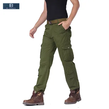 [EL BARCO] Jeseň Bavlna Mužov Cargo Nohavice Vrecká Solid Black Khaki Armády-zelená Dlho Muž Bežné Nohavice Vojenské Joggers Oblečenie