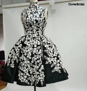 Elegantné bez rukávov satin tlač kvetina-line biela a čierna prom šaty krátke vestidos de baile dovezené-party-šaty