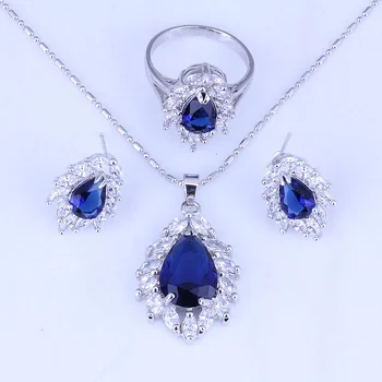 Elegantné Leaf Tvarované Modré Crystal & Cubic Zirconia Strieborná Farba Šperky Sady pre Ženy Krúžky Veľkosť 6/7/8/9/10 H0261