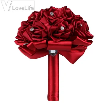 Elegantné Ručne Svadobné kytice Umelý kvet Ruže Posy Kytice Crystal Satin Rinbow Bridesmaid, Svadobné Kytice Dekor