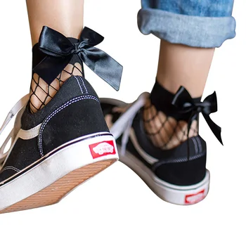 Elegantné Streetwear Žien Harajuku Black Priedušná Luk uzol Sieťovina Ponožky.Sexy Duté z Oka Siete Ponožky Dámy Dievča Luk Sox