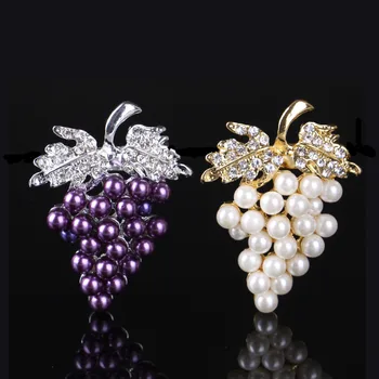 Elegantné Ženy Ovocia, Viniča, Brošne pre ženy, svadobné šperky broches mujer Crystal a fialová pearl brošne vianočný darček kolíky