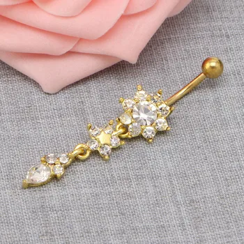 Elegantný Kvetinové Drahokamu Visieť Piercing Pupku Pupok Tlačidlo Krúžok Bar Telo Šperky