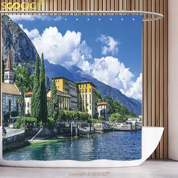 Elegantný Sprchový Záves Taliansko Dekor Na Panorámu Krajiny Jazera Como Hory a Mraky Digital Image Modrá a Zelená