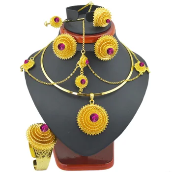 Ethlyn veľký Módne Etiópskej šperky súpravy s sušič na pc, Zlatá Farba kameňa šperky sady pre Etiópskej ženy príslušenstvo S97A