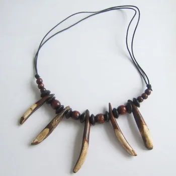 Etnické Kmeňové Reálne Diviak Zub Tusk Drevené Korálky & Originálne Kožené Amulet Prívesok Náhrdelník Nastaviteľné
