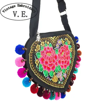 Etnické Vyšívané Tašky obojstranné Kvetinové výšivky Ramenný Messenger taška skúmie lady malé, v tvare srdca Cestovné Kabelka