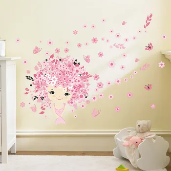 Farebné kvetinové Kvetinová Víla ružový roztomilé dieťa dievča Morská víla, motýľ stenu, Nálepky Domova Obývacia Izba, Spálňa wall art dary