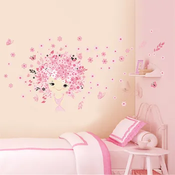 Farebné kvetinové Kvetinová Víla ružový roztomilé dieťa dievča Morská víla, motýľ stenu, Nálepky Domova Obývacia Izba, Spálňa wall art dary
