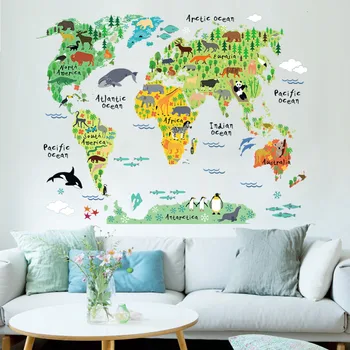 Farebné zvierat, mapa sveta samolepky na stenu obývacia izba domáce dekorácie pvc odtlačkový nástenné art 037 diy office detská izba wall art