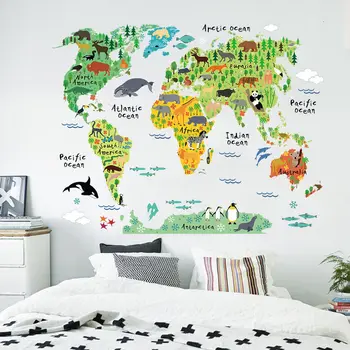 Farebné zvierat, mapa sveta samolepky na stenu pre deti izby obývacia izba domáce dekorácie pvc odtlačkový nástenné art 037 diy office wall art