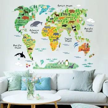 Farebné zvierat, mapa sveta samolepky na stenu pre deti izby obývacia izba domáce dekorácie pvc odtlačkový nástenné art 037 diy office wall art