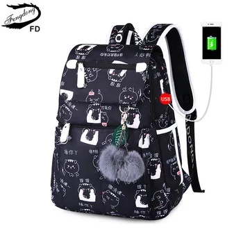 FengDong ženské módne školský batoh usb školské tašky pre dievčatá čierny batoh plusch loptu dievča aktovka motýľ dekorácie