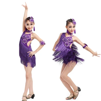 Fialová Dievčatá Sequined Strapce latinskej Salsa Tanečné Šaty Deti Sála Strany Salsa Dancewear Kostýmy, šaty Veľkosť 120-160