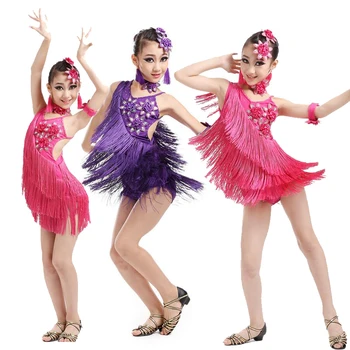 Fialová Dievčatá Sequined Strapce latinskej Salsa Tanečné Šaty Deti Sála Strany Salsa Dancewear Kostýmy, šaty Veľkosť 120-160