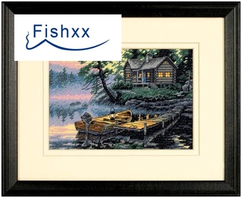 Fishxx Cross Stitch Auta C735 Krajiny Lesa Pastoračnej Ráno Chata a Loď Štúdia Obývacia Izba Visí Maľovanie na Ručné Šitie