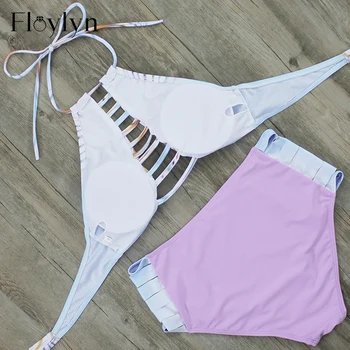 FLOYLYN Letné tielko Vystrihnúť Patchwork Bikini Set Vysoký Pás Brazílske Bikiny, Plavky, Plavky