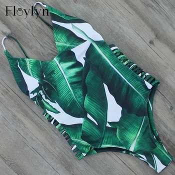 FLOYLYN Sexy jednodielne Plavky Ženy Plavky Zelenej Listovej Kombinézu Obväz Vystrihnúť Pláž, Kúpanie Oblek Celých Plaviek