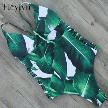 FLOYLYN Sexy jednodielne Plavky Ženy Plavky Zelenej Listovej Kombinézu Obväz Vystrihnúť Pláž, Kúpanie Oblek Celých Plaviek