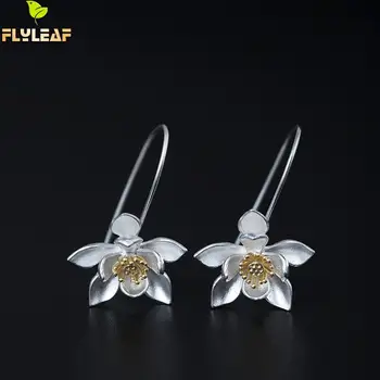 Flyleaf 925 Sterling Silver Gold Color Veľký Lotosový Kvet Drop Náušnice Pre Ženy Vintage Čínsky Štýl Lady Šperky