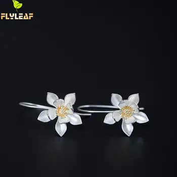 Flyleaf 925 Sterling Silver Gold Color Veľký Lotosový Kvet Drop Náušnice Pre Ženy Vintage Čínsky Štýl Lady Šperky