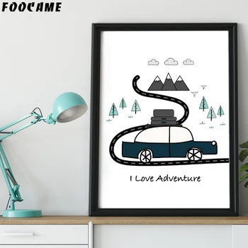 FOOCAME Cartoon Autobus, Auto Bear Mountain Plagáty a Vytlačí Umelecké Plátno na Maľovanie Domov, Deti Dekorácie na Stenu Obrázky Pre Obývacia Izba