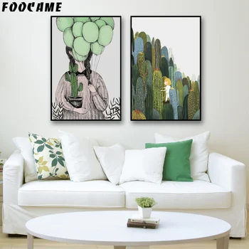 FOOCAME Rastlín Kaktus Balón Dievča, Plagáty a Vytlačí Umelecké Plátno na Maľovanie Moderného Domova obrazov na Stenu Pre Obývacia Izba