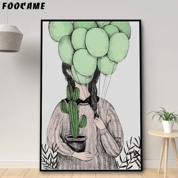 FOOCAME Rastlín Kaktus Balón Dievča, Plagáty a Vytlačí Umelecké Plátno na Maľovanie Moderného Domova obrazov na Stenu Pre Obývacia Izba