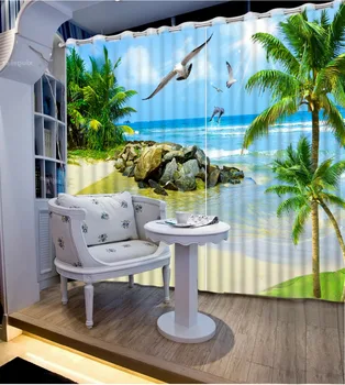 Foto Prispôsobiť veľkosť 3d beach scenérie závesy pre obývacia izba Domova Obývacia Izba Prírodné Umenie