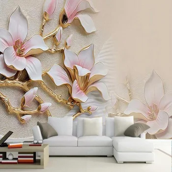Foto Tapety 3D Plastický Magnolia Kvety nástenná maľba Módny Dizajn Interiéru Domova Tapety Roll Abstraktných De Parede Kvetinový